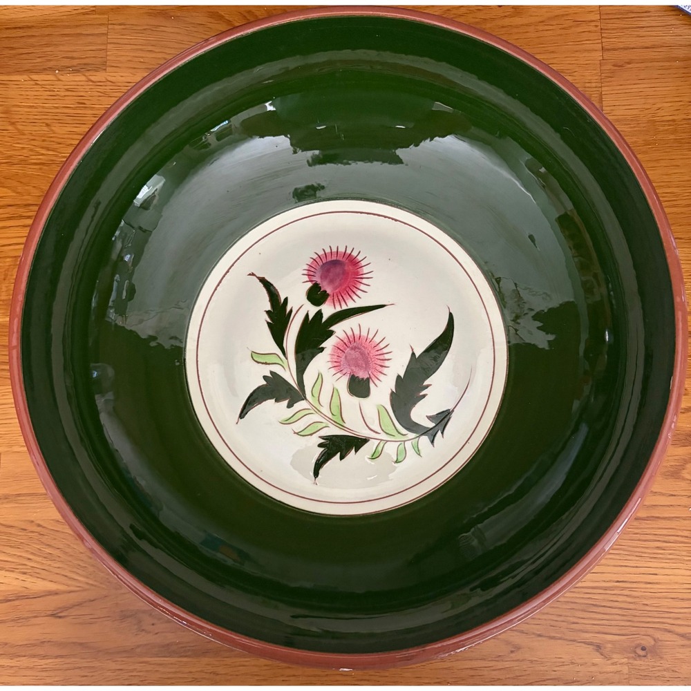 Vintage Stangl Pottery Thistle Serving Bowl Green Terracotta Hand Painted 12in